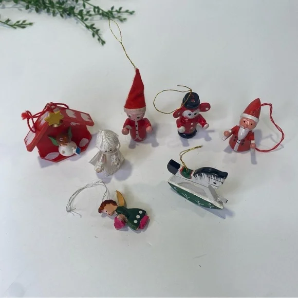 Group of 7 Tiny Ornaments Wooden Hand Painted Made in Japan Red Angels Monkey